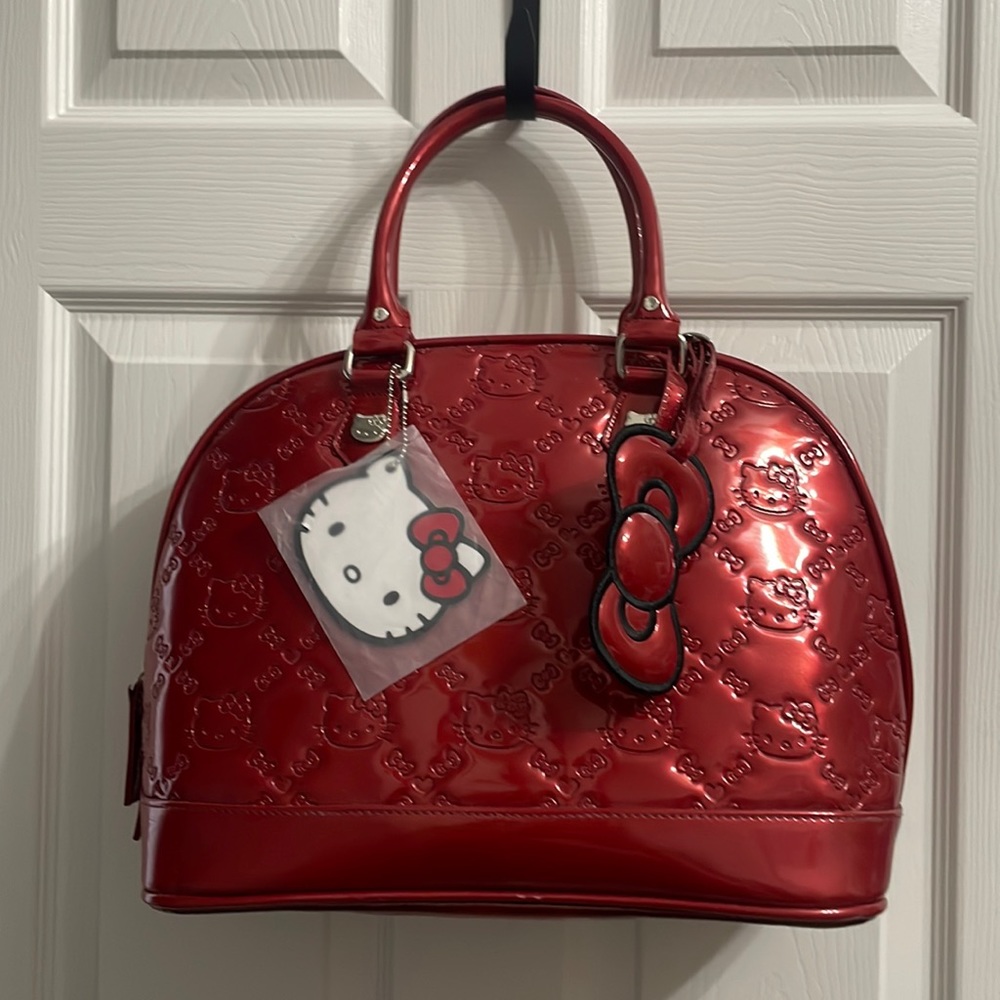 NWT HELLO KITTY Loungefly Sanrio red patent logo embossed dome tote